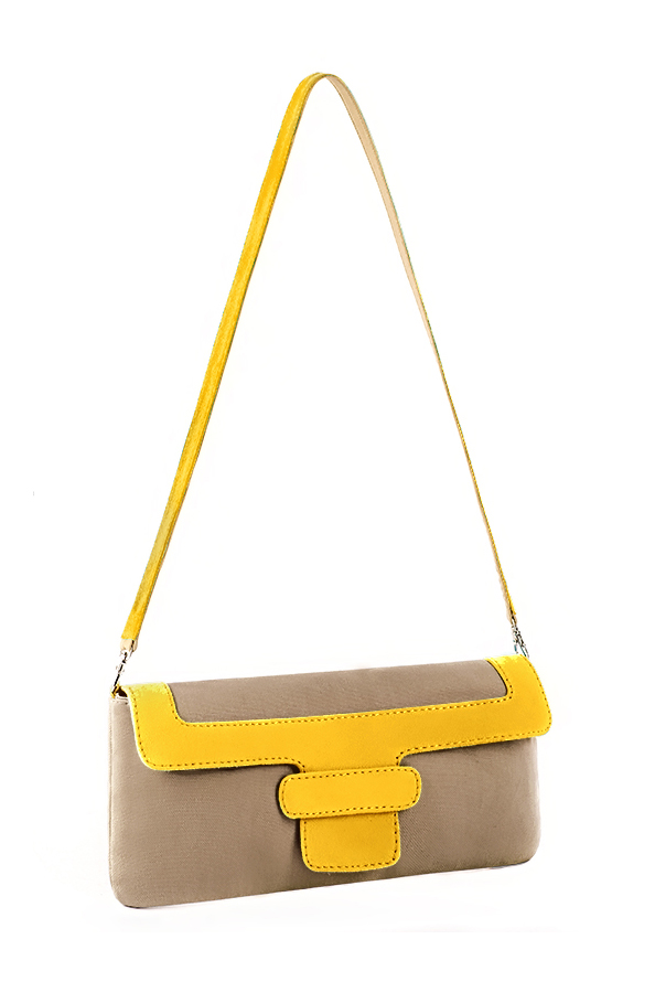 Yellow and biscuit beige women's open back shoes, with a knot. Round toe. Low flare heels. Worn view - Florence KOOIJMAN